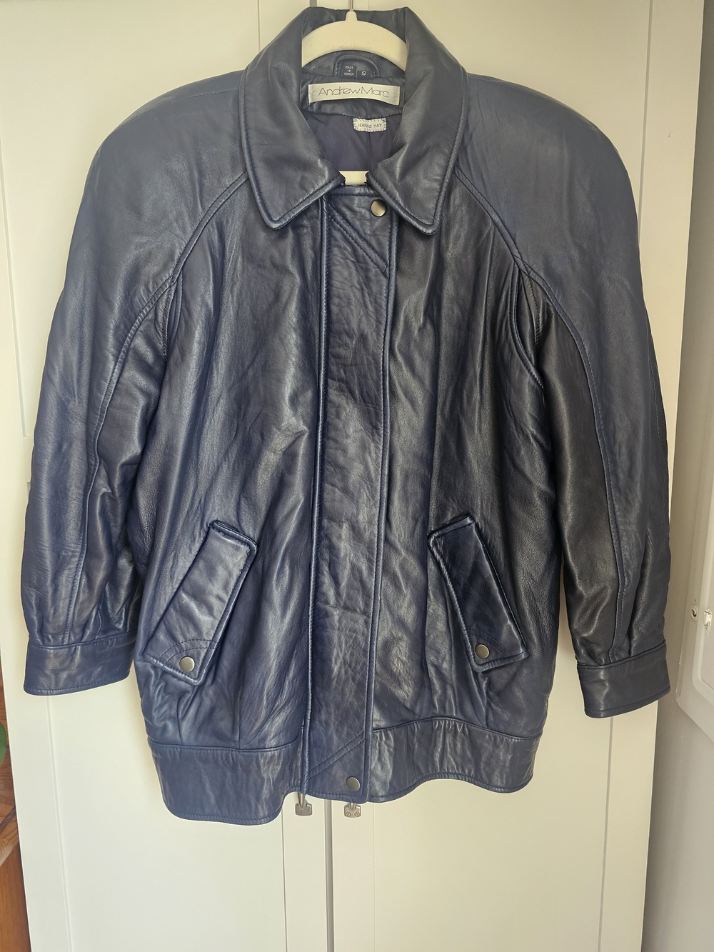 Vtg Andrew Marc Purple Leather Bomber Jacket Shoulder Pads 80s 90s Raglan Slouch